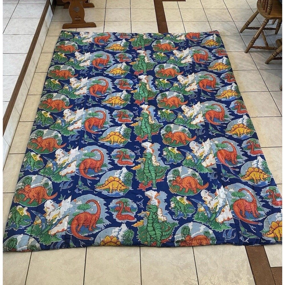 VTG 80s 90s Dinosaur T Rex Blanket Quilted Comforter 100x75” Heavyweight XL Blue